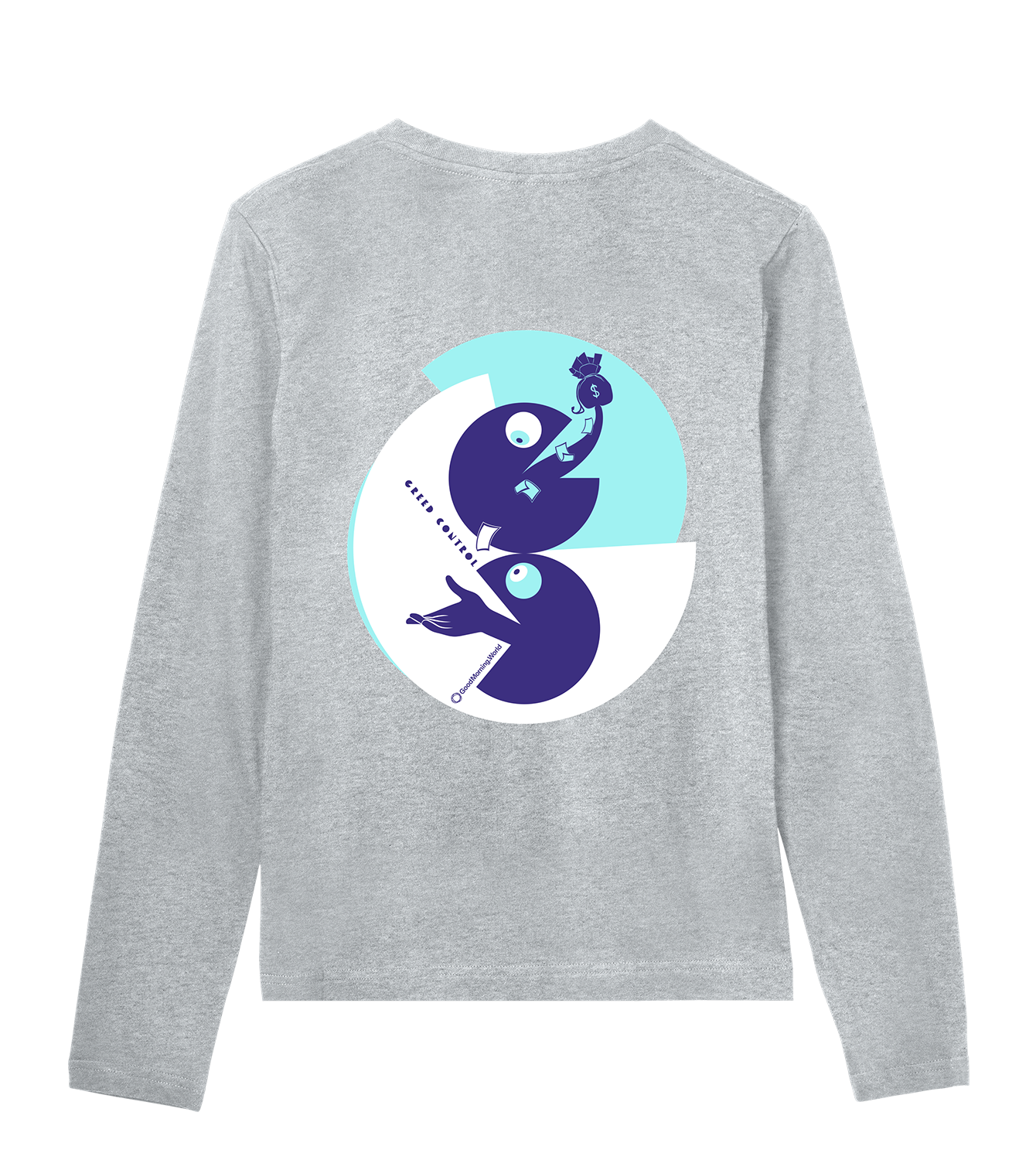 Longsleeve Frauen Regular, Grau meliert, Hinten, Good Morning World, zweiseitig, Greed Control N01