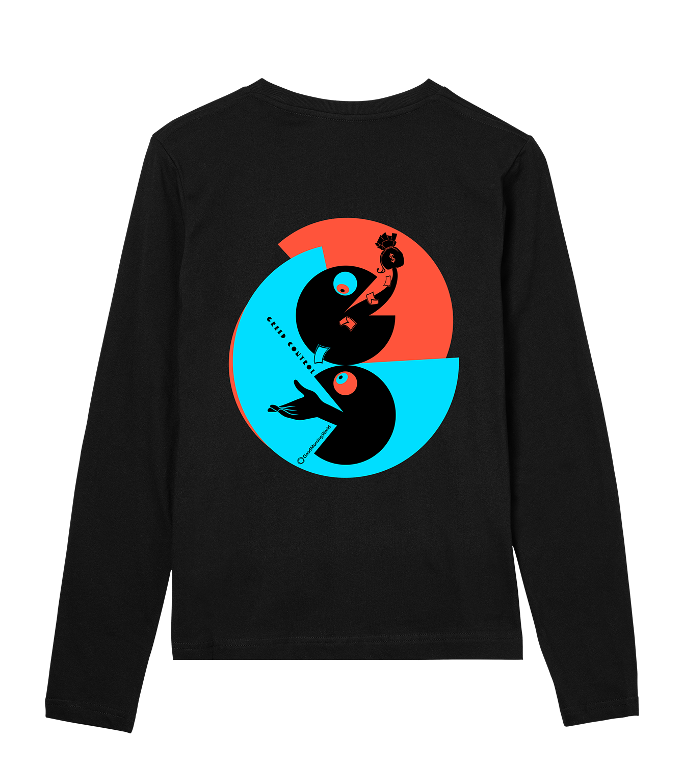 Longsleeve Frauen Regular, Schwarz, Hinten, Good Morning World, zweiseitig, Greed Control N01