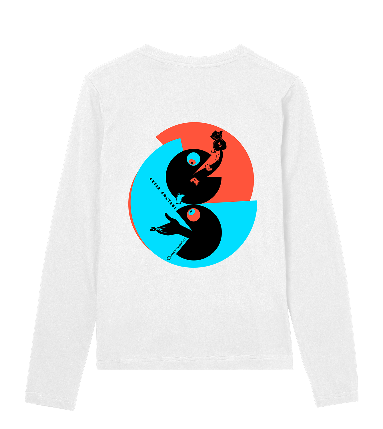 Longsleeve Frauen Regular, Weiss, Hinten, Good Morning World, zweiseitig, Greed Control N01