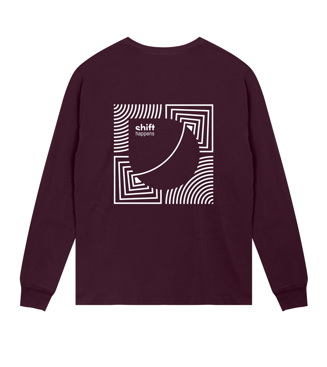 Longsleeve Herren Regular, Maroon, Hinten, Good Morning World, zweiseitig, Shift Happens N01