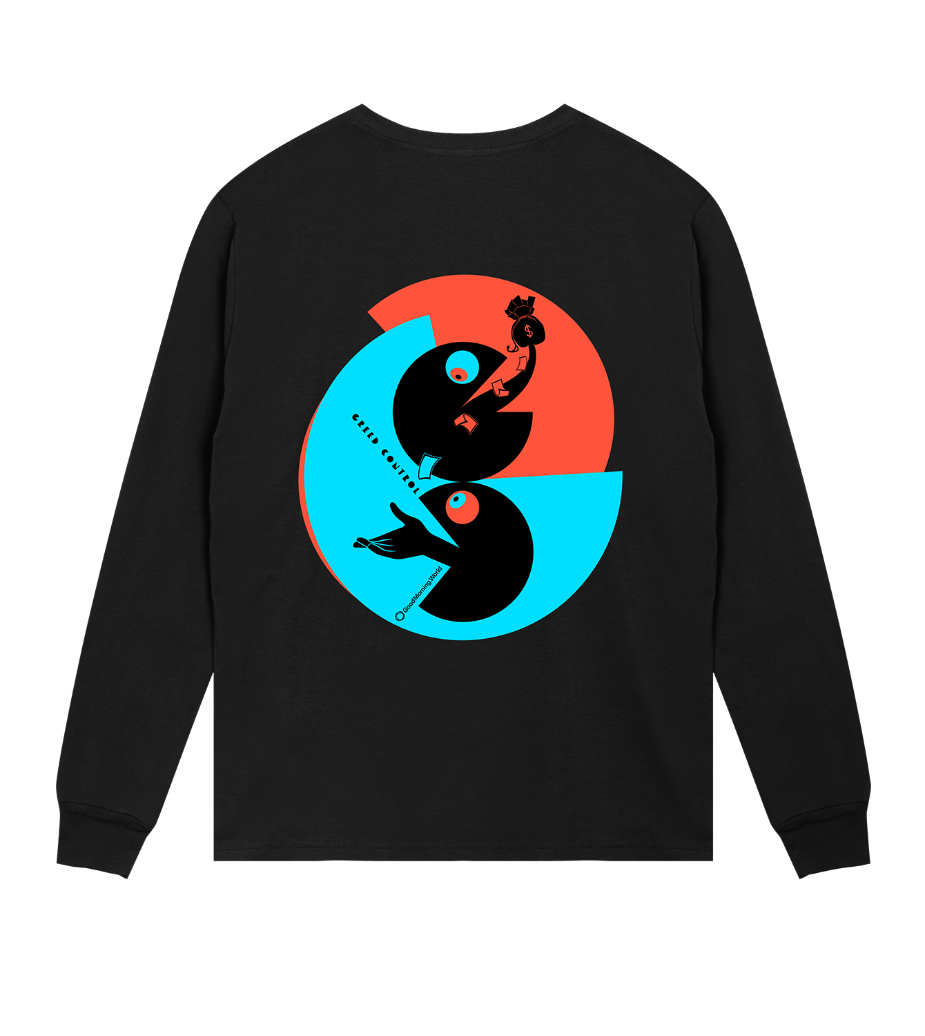 Longsleeve Männer Regular, Schwarz, Hinten, Good Morning World, zweiseitig, Greed Control N01