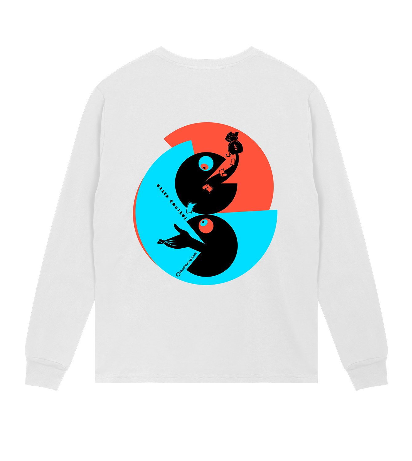 Longsleeve Männer Regular, Weiss, Hinten, Good Morning World, zweiseitig, Greed Control N01