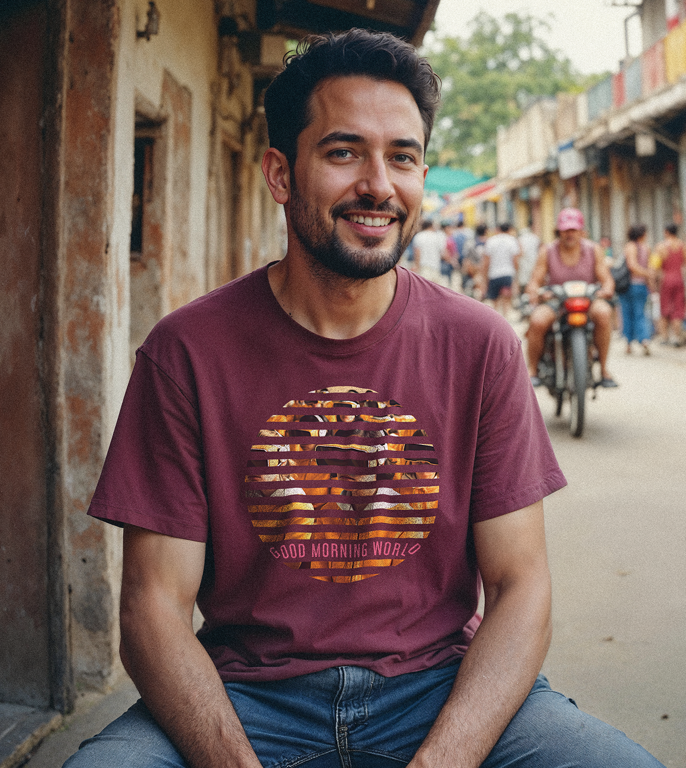 Model TShirt Maenner Regular Maroon Vorne Good Morning World einseitig N01-01