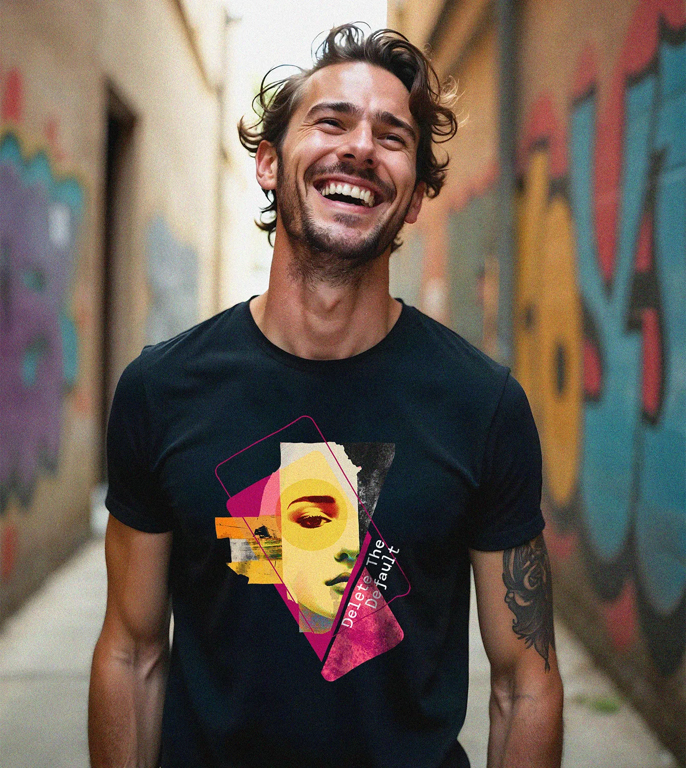 Model T-Shirt Männer Regular Schwarz, Vorne, Good Morning World, einseitig, Delete The Default_N01