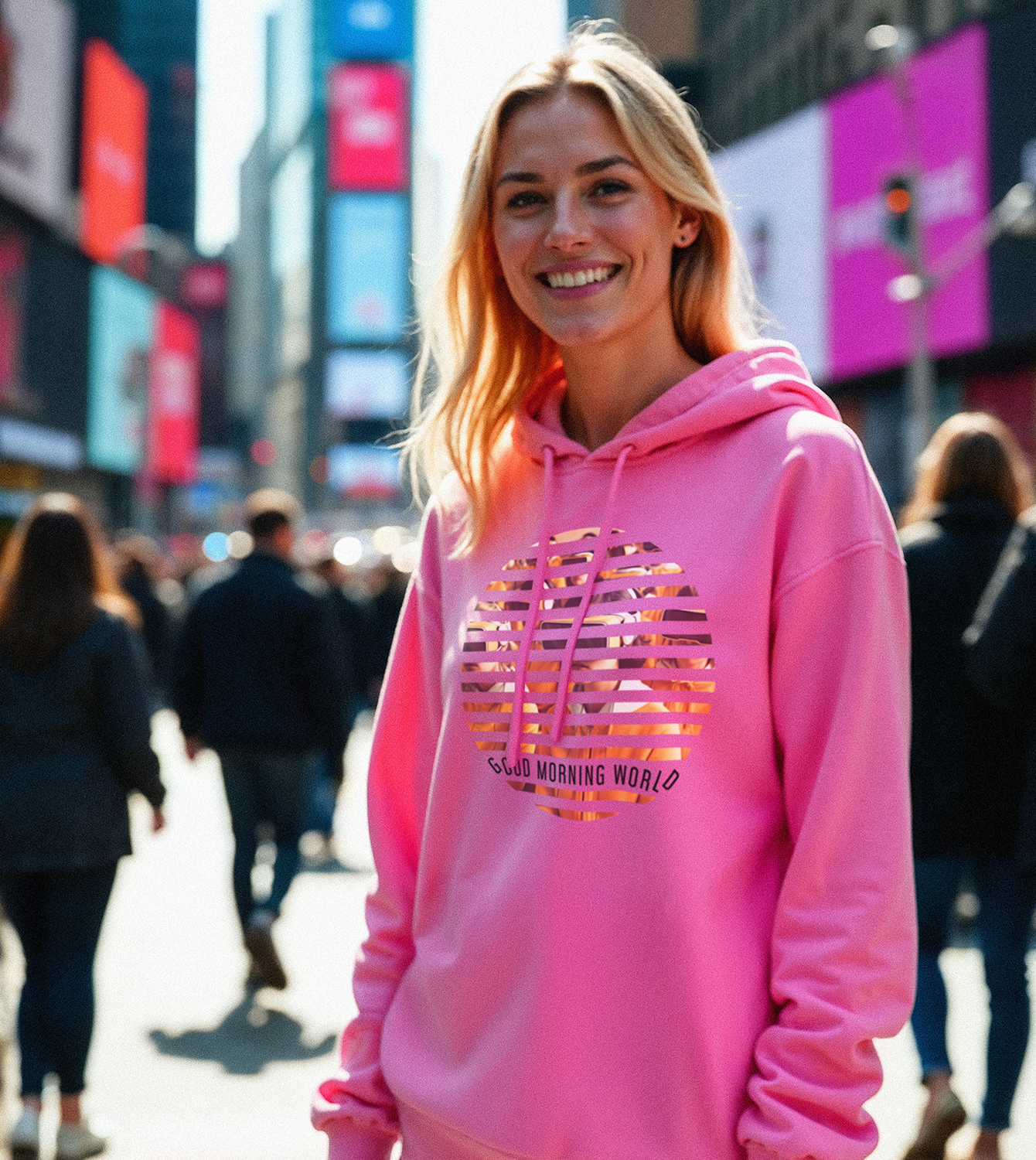 Model Womens Oversized Hoodie Good Morning World einseitig N01