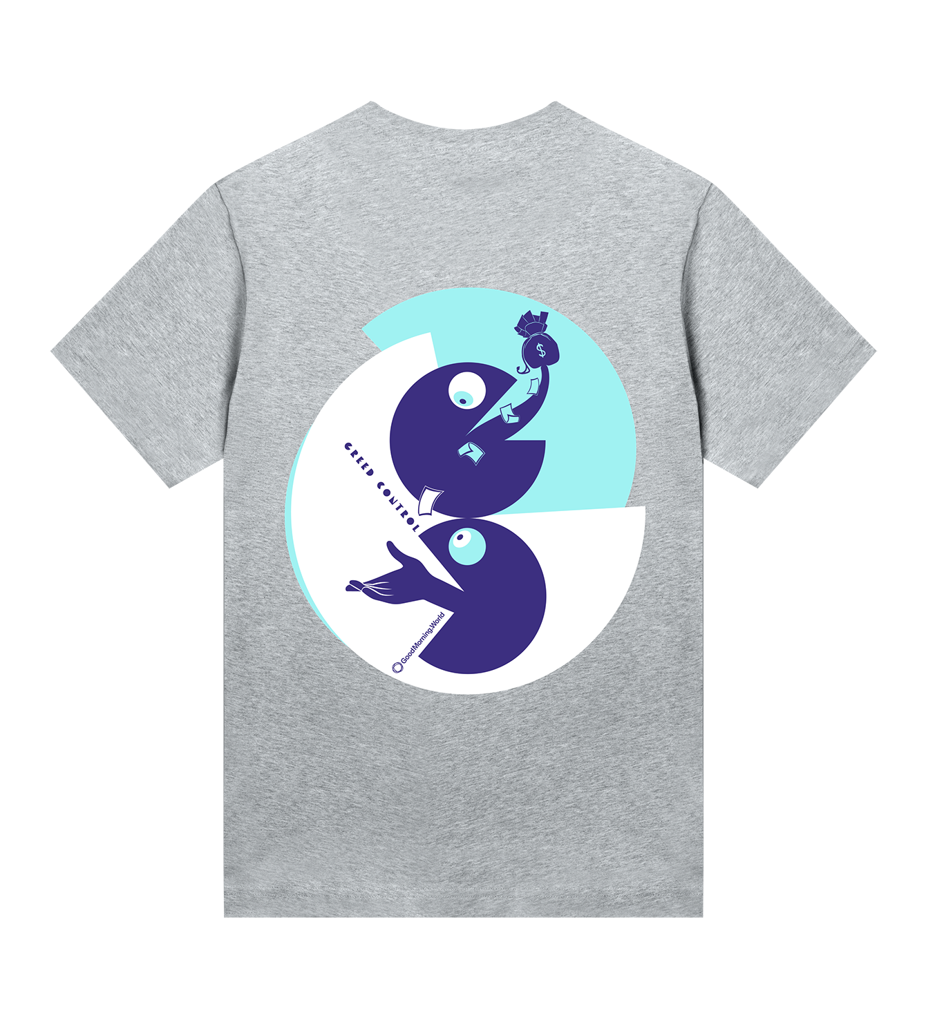 T-Shirt Damen Regular, Grau meliert, Hinten, Good Morning World, zweiseitig, Greed Control