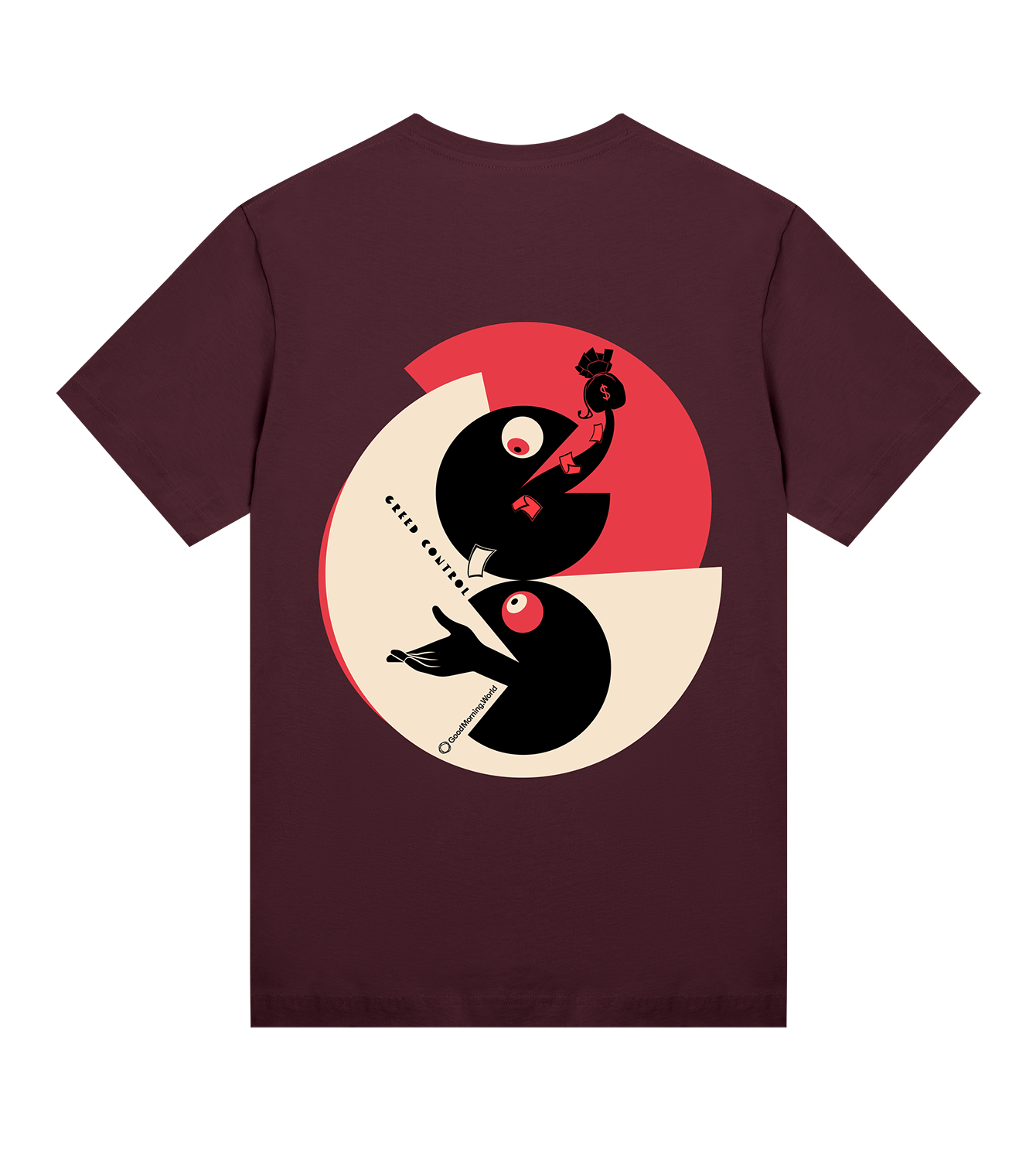 T-Shirt Damen Regular, Maroon, Hinten, Good Morning World, zweiseitig, Greed Control