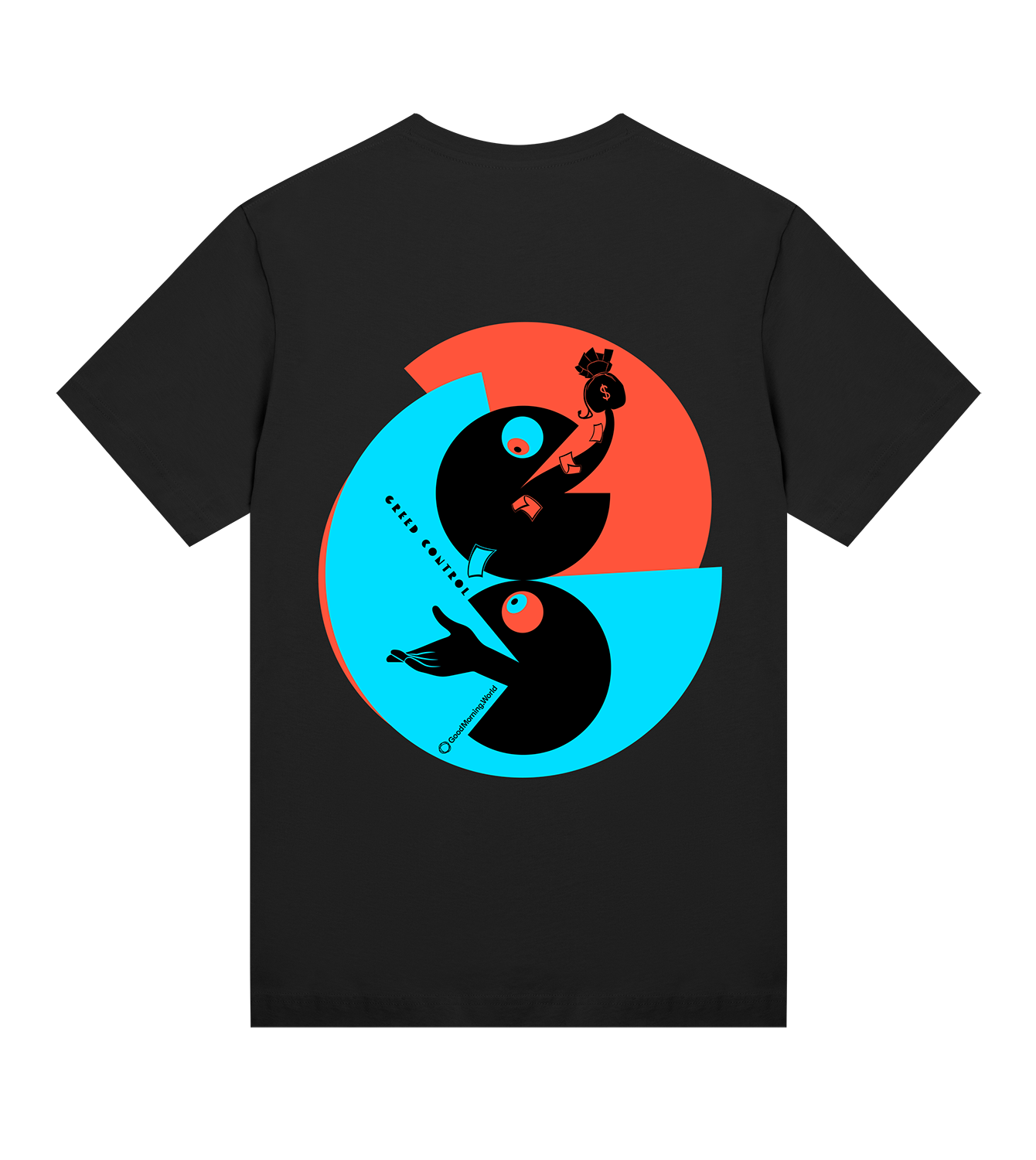 T-Shirt Damen Regular, Schwarz, Hinten, Good Morning World, zweiseitig, Greed Control