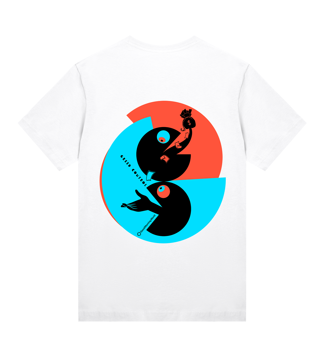 T-Shirt Damen Regular, Weiss, Hinten, Good Morning World, zweiseitig, Greed Control