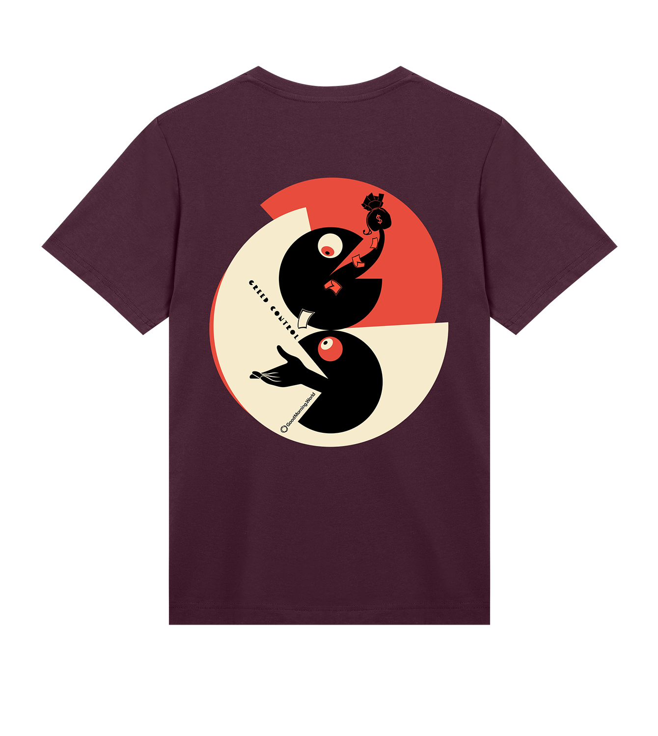T-Shirt Männer Regular, Maroon, Hinten, Good Morning World, zweiseitig, Greed Control N01
