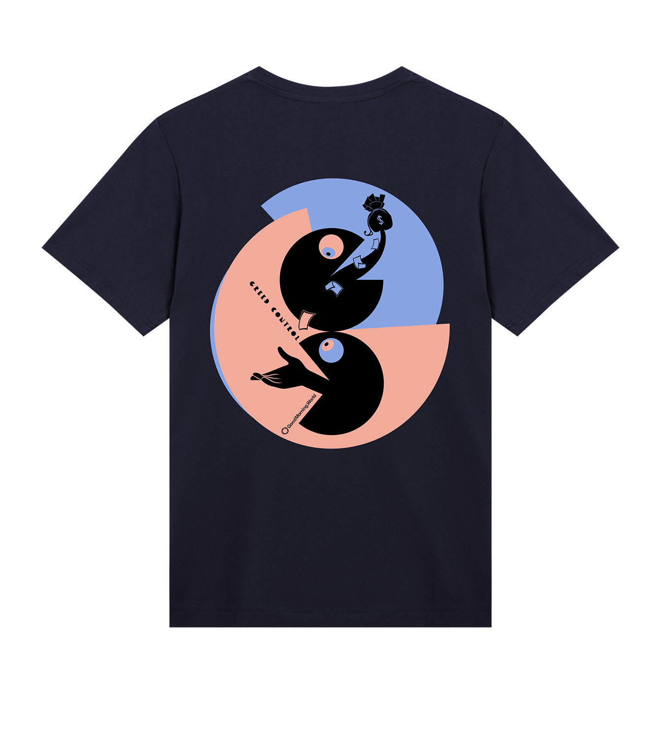 T-Shirt Männer Regular, Navy Blue, Hinten, Good Morning World, zweiseitig, Greed Control N01