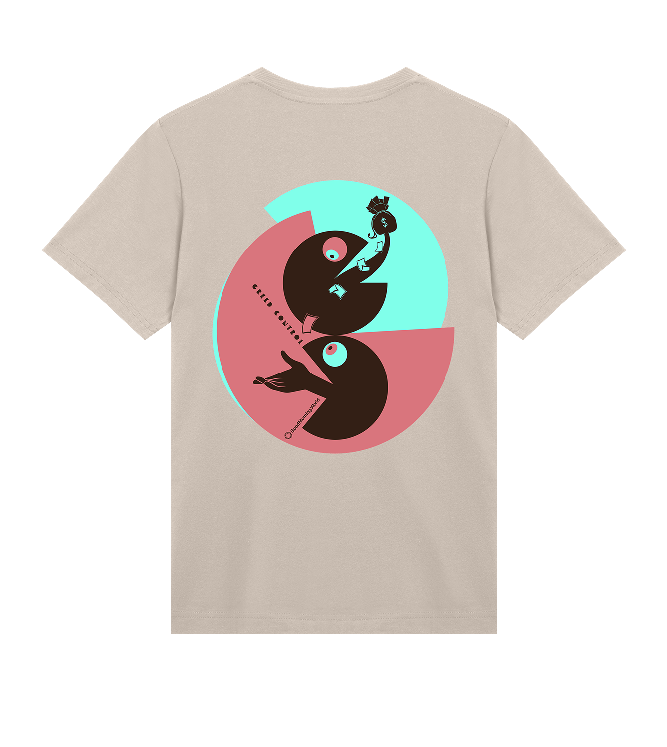 T-Shirt Männer Regular, Sand, Hinten, Good Morning World, zweiseitig, Greed Control N01