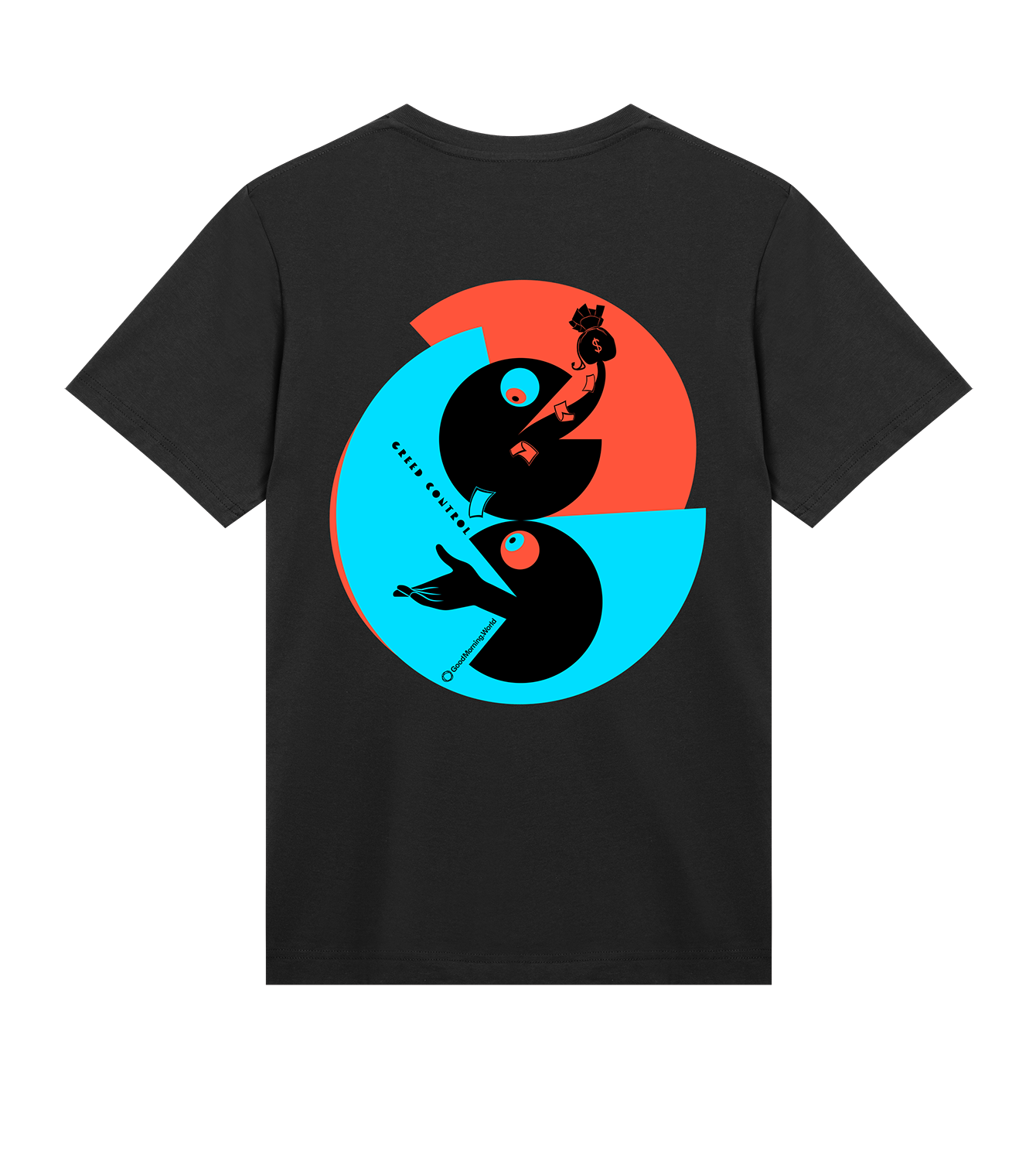 T-Shirt Männer Regular, Schwarz, Hinten, Good Morning World, zweiseitig, Greed Control N01