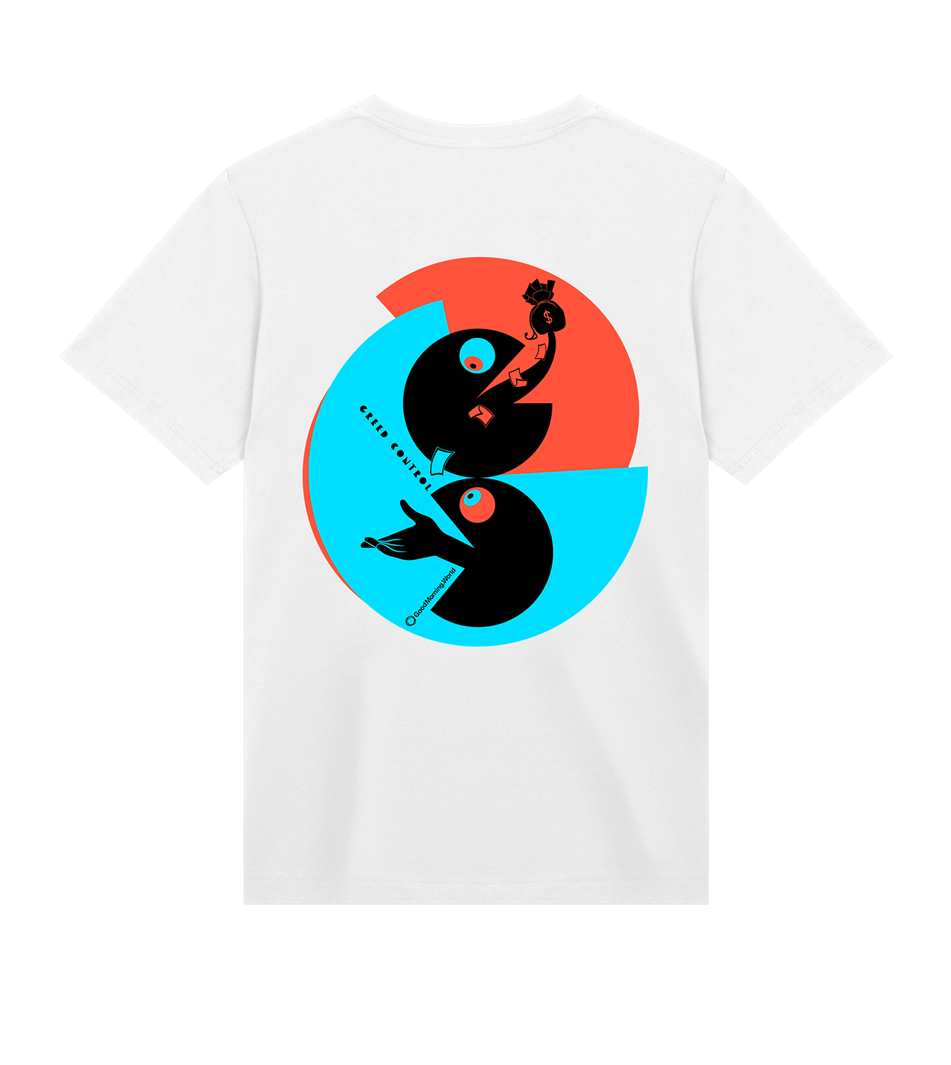 T-Shirt Männer Regular, Weiss, Hinten, Good Morning World, zweiseitig, Greed Control N01